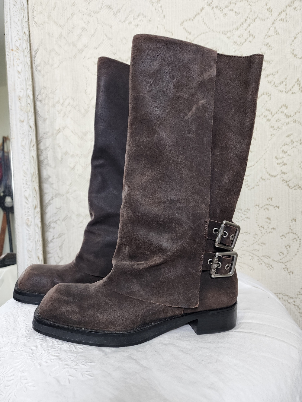 Zara Buckled Suede Gaiter Boots, featuring a slouchy dark brown suede